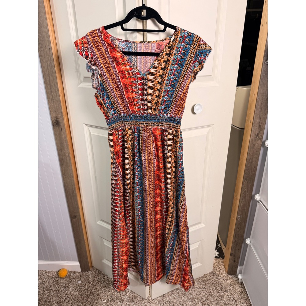 Boho Tribal Print Maxi Dress V-Neck Smocked Waist Flutter Sleeve Orange Blue S